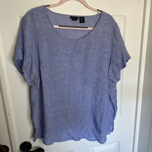 TAHARI Women's Blue Scoop Short Sleeve 100% Linen Tunic Top Shirt 1x - Picture 5 of 8